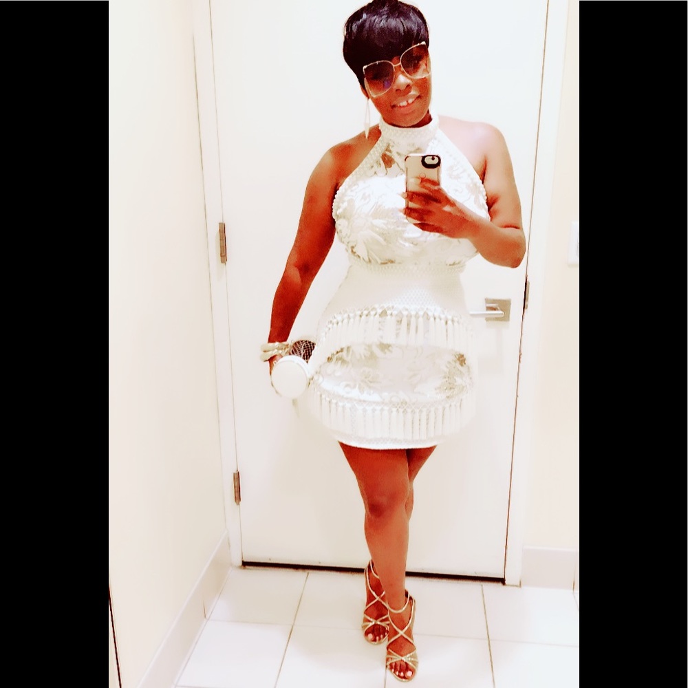 PLT White Sequin Beaded Tassel Halter Dress. SOLD!